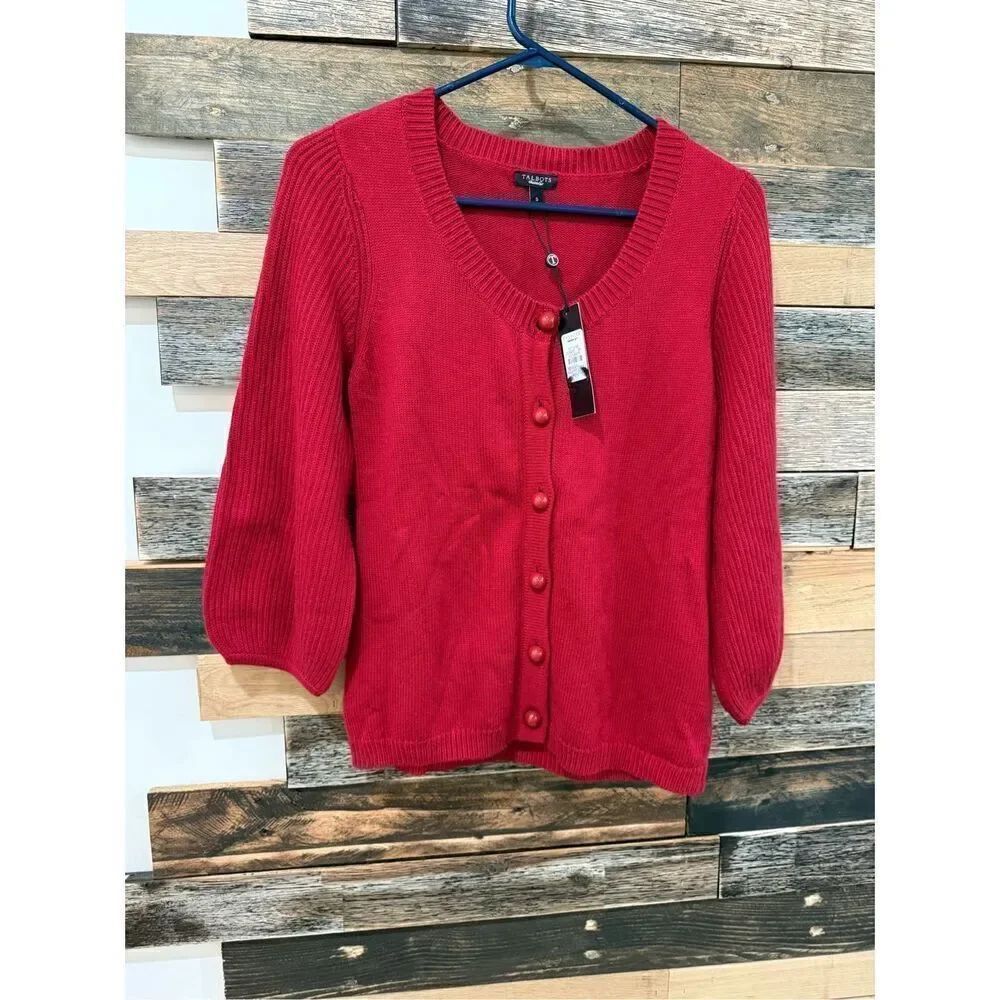 Talbots NWT Red Button Down Sweater Cardigan 3/4 Puffy Sleeve Round Neck Size S